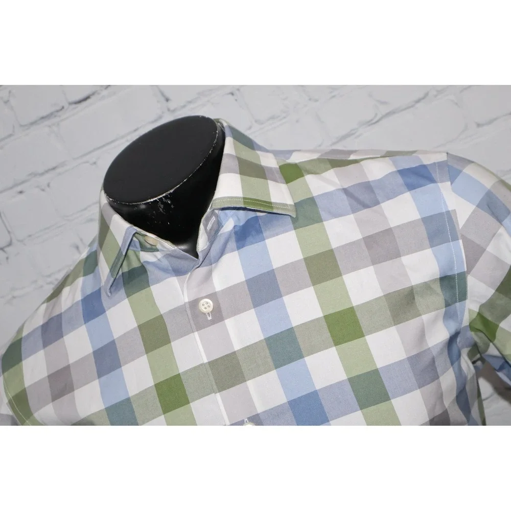 Banana Republic Shirt Mens Medium Green Blue Gingham Plaid Non-Iron Slim Fit